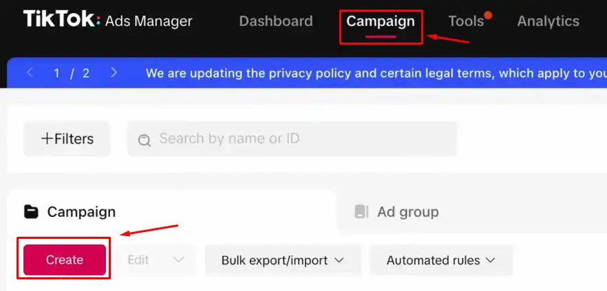 Click Campaign and then Create