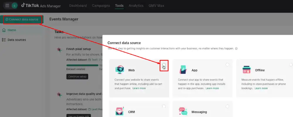 Click Connect Data Source and select Web