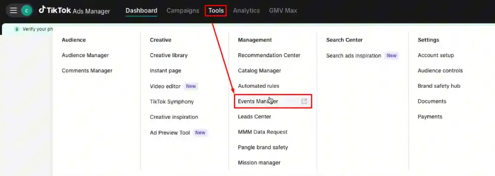 Click Tools then Select Events Manager