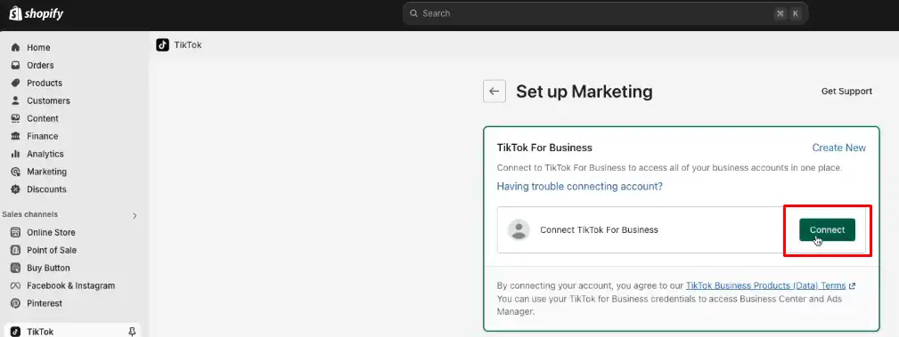 Click "Connect" to link your TikTok Business Center account