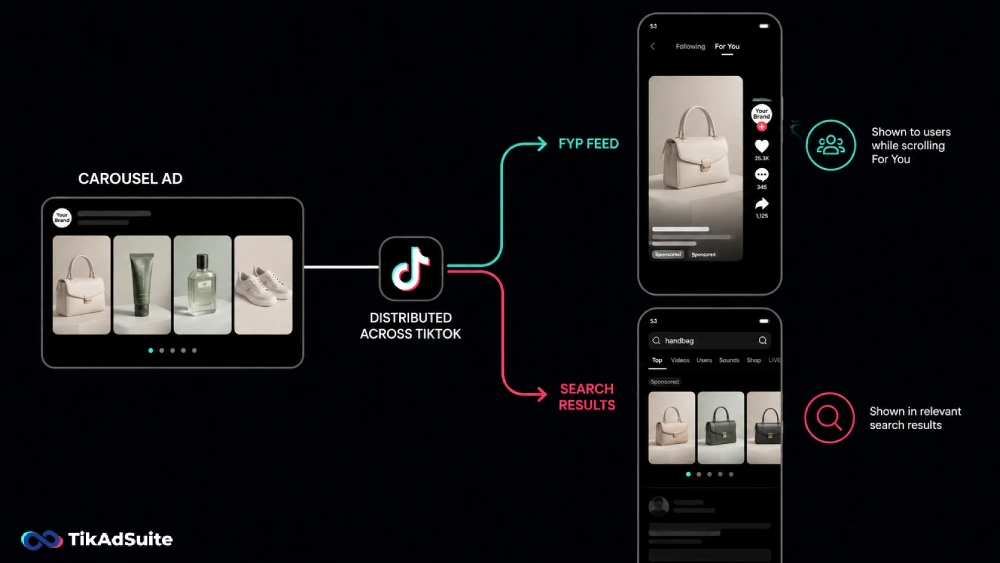 Diagram illustrating how TikTok carousel ad distribution works across the FYP feed and TikTok search results