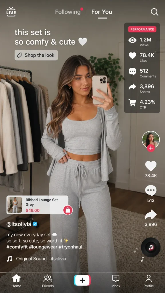 Screenshot of a UGC-style fashion try-on video with engagement metrics overlay