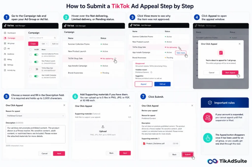 TikTok ad appeal process shown step by step in Ads Manager