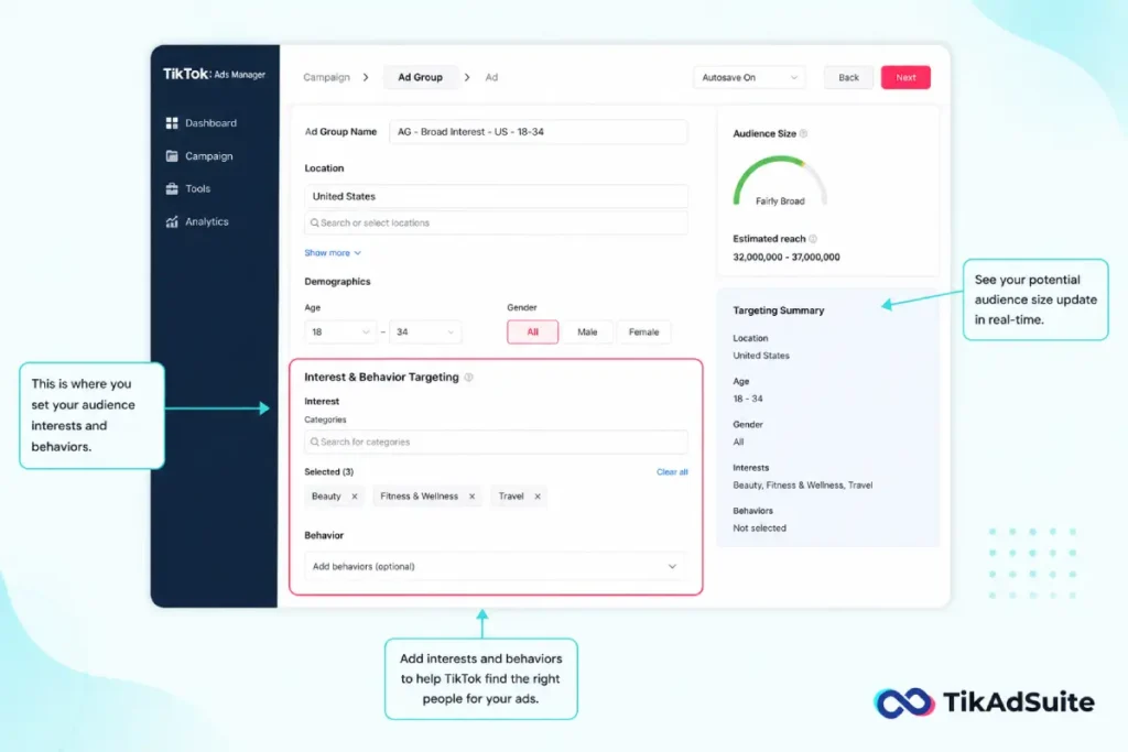 TikTok Ads Manager interest and behavior targeting settings screen