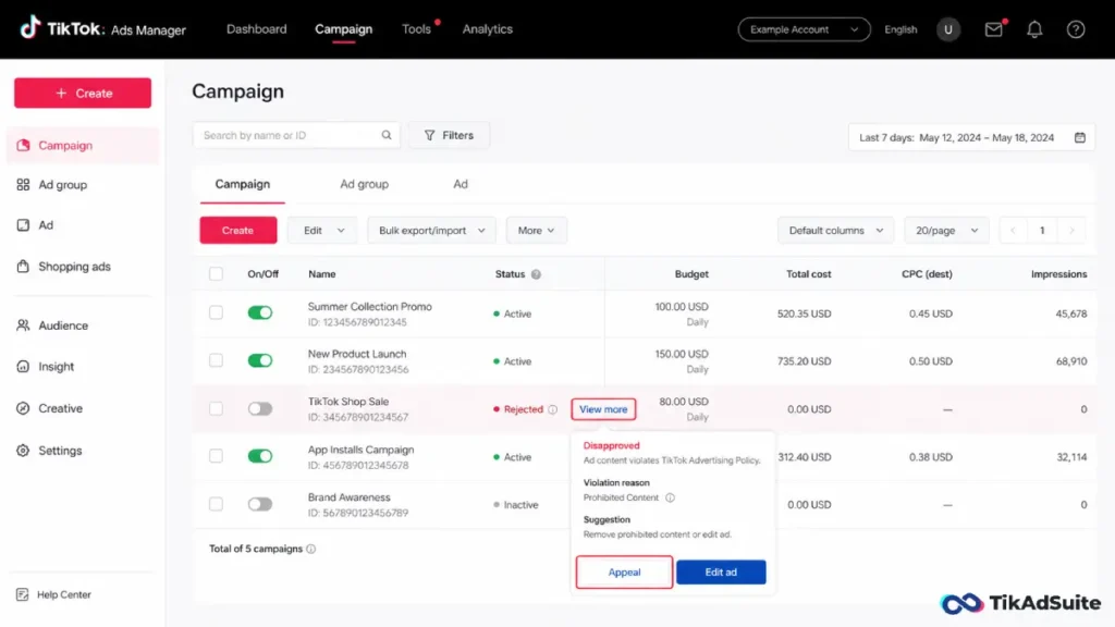 TikTok Ads Manager showing rejected ad appeal options