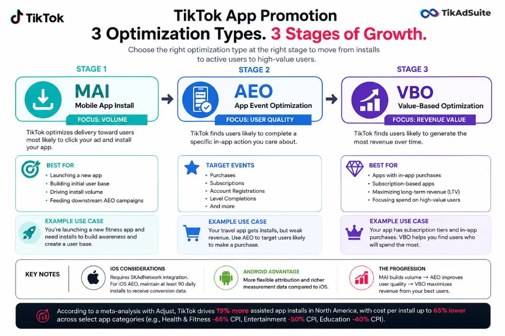 TikTok App Promotion optimization types shown as a three-stage progression