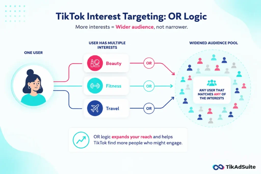 User linked to Beauty, Fitness, and Travel interests with OR logic