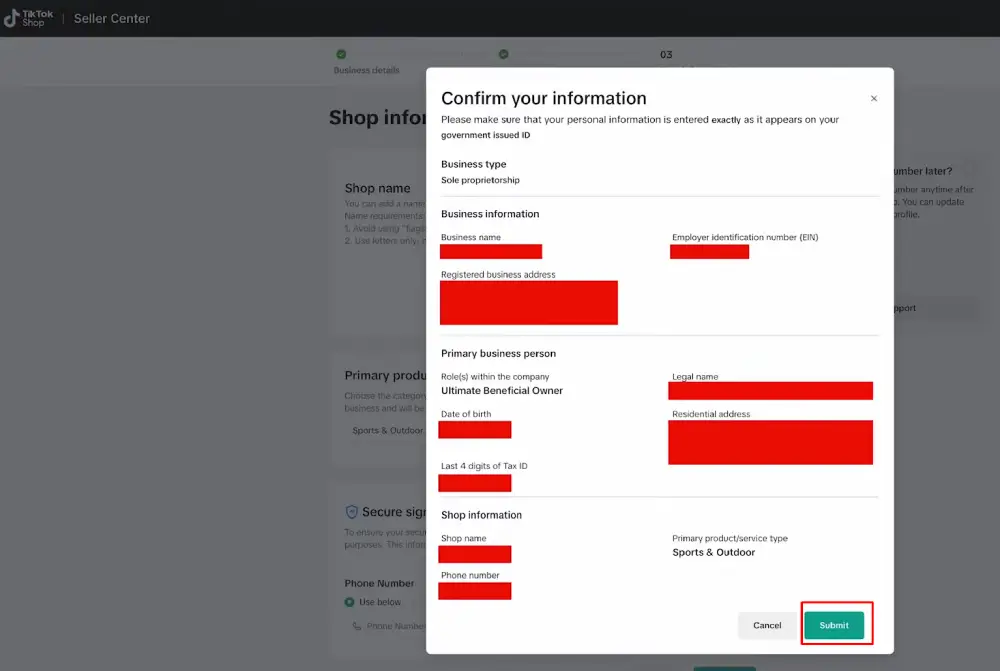 Agree to TikTok's Seller Terms of Service and submit