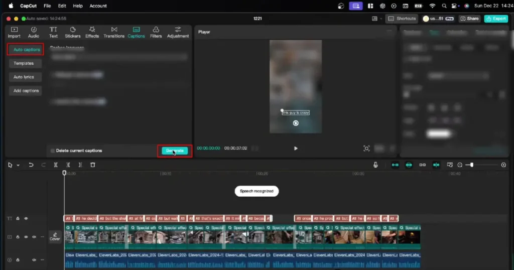 Auto Captions menu in CapCut