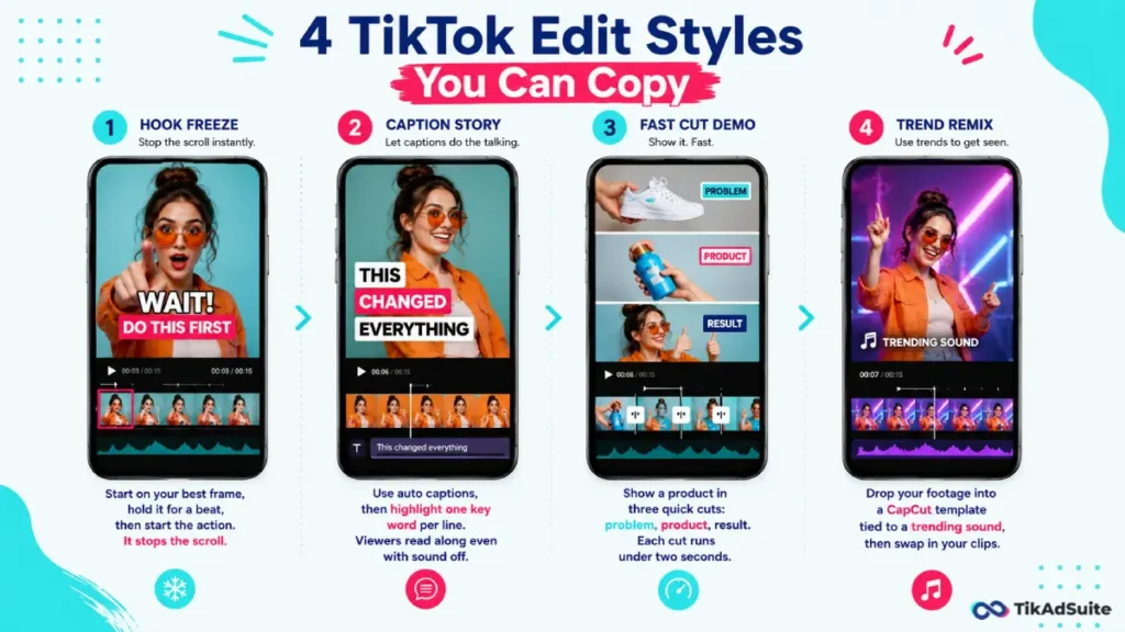 Four TikTok edit styles side by side