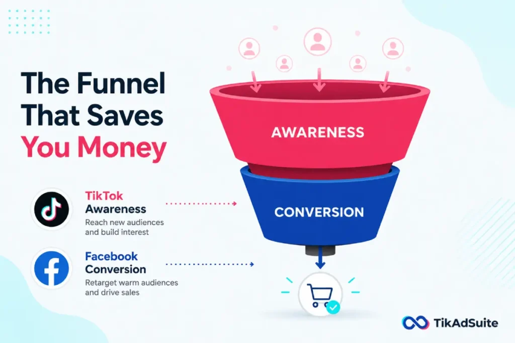Funnel showing TikTok at the awareness stage and Facebook at the conversion stage