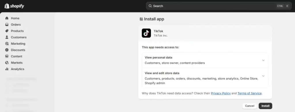 Install the TikTok Shopify App