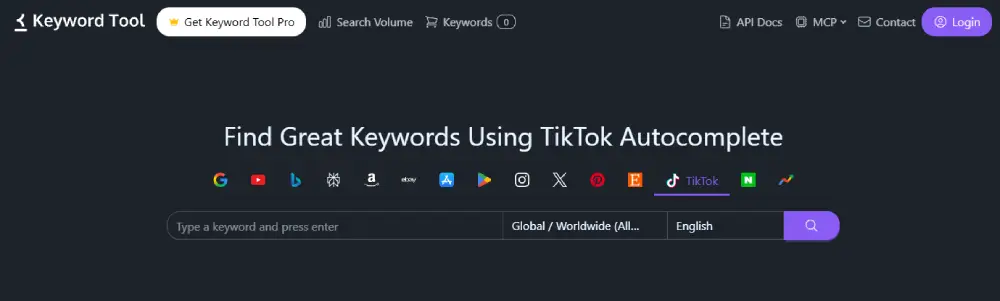 KeywordTool.io's TikTok tool