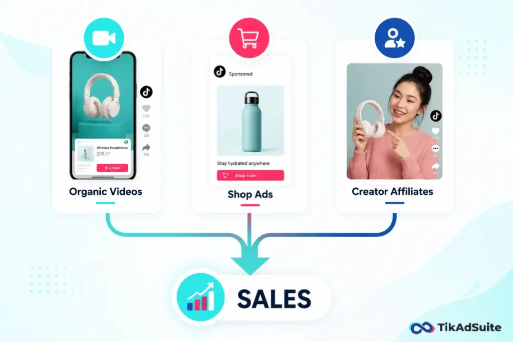 Organic Videos, Shop Ads, and Creator Affiliates feeding into a single Sales arrow 
