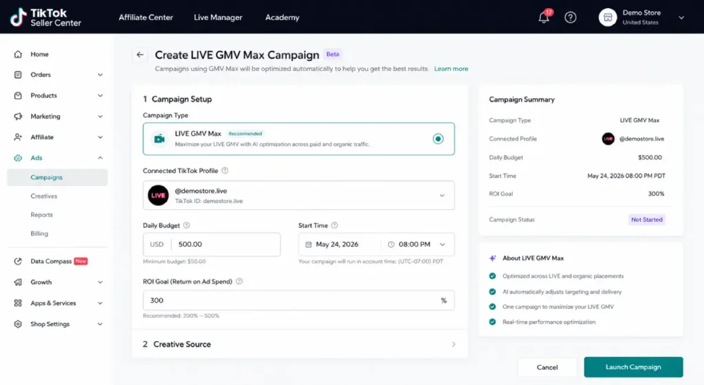 Seller Center LIVE GMV Max campaign setup