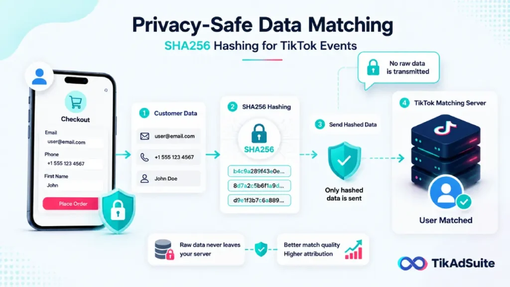 SHA256 hashing flow from checkout form to TikTok matching server