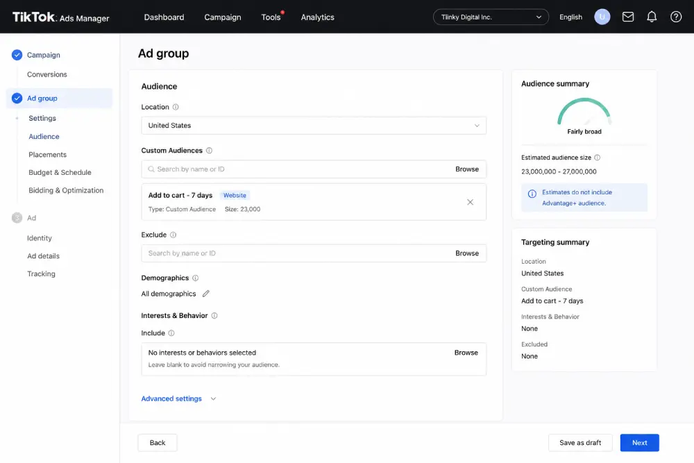 The ad group targeting panel with a Custom Audience