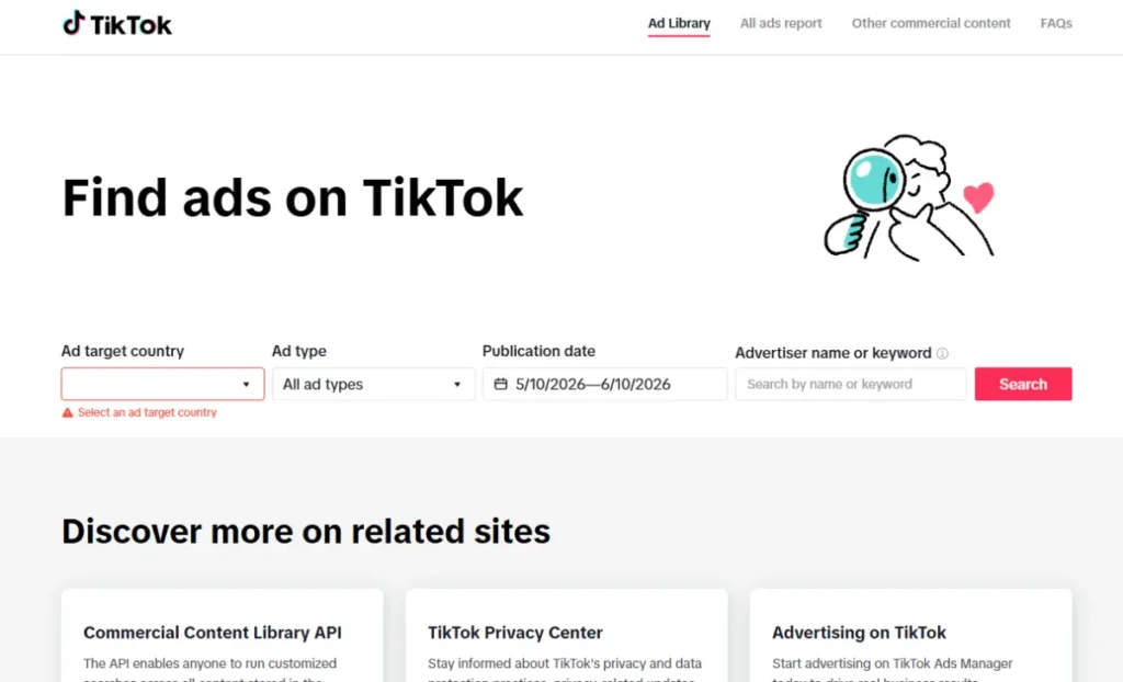 The TikTok Ad Library homepage