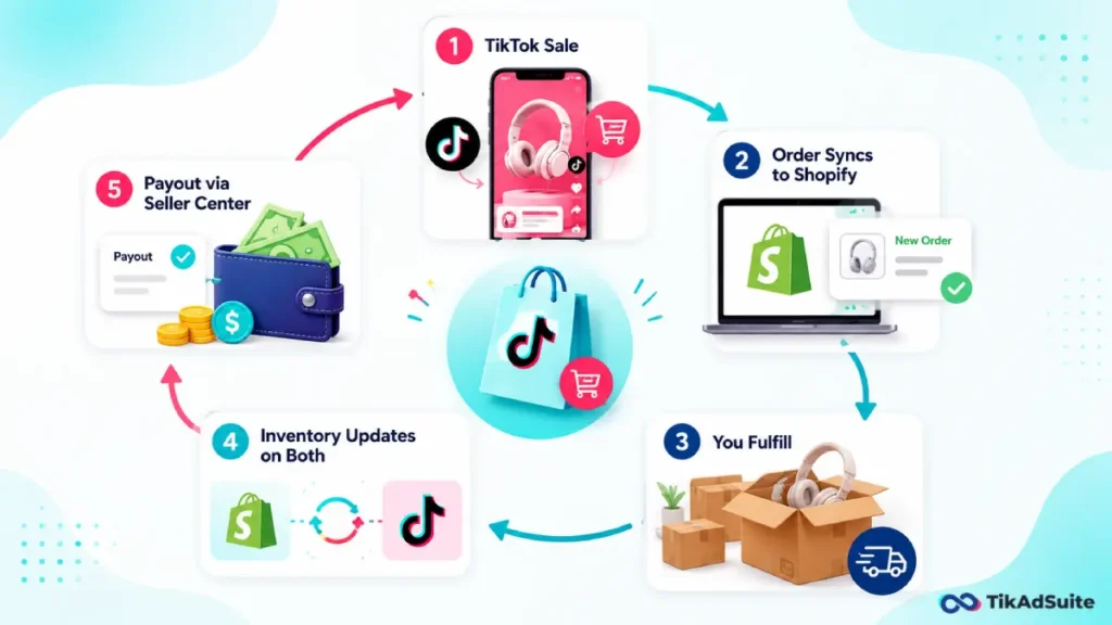 TikTok sale → order syncs to Shopify → you fulfill → inventory updates on both → payout via Seller Center