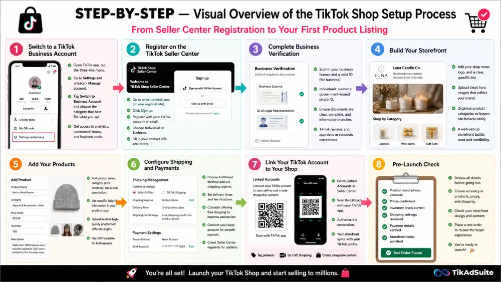 Visual overview of the TikTok Shop setup process
