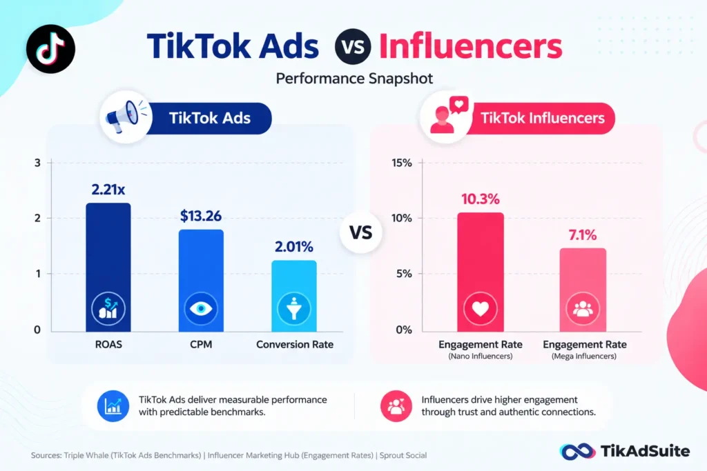 TikTok Ads vs Influencers bar chart comparing ROAS, CPM, conversions, engagement metrics