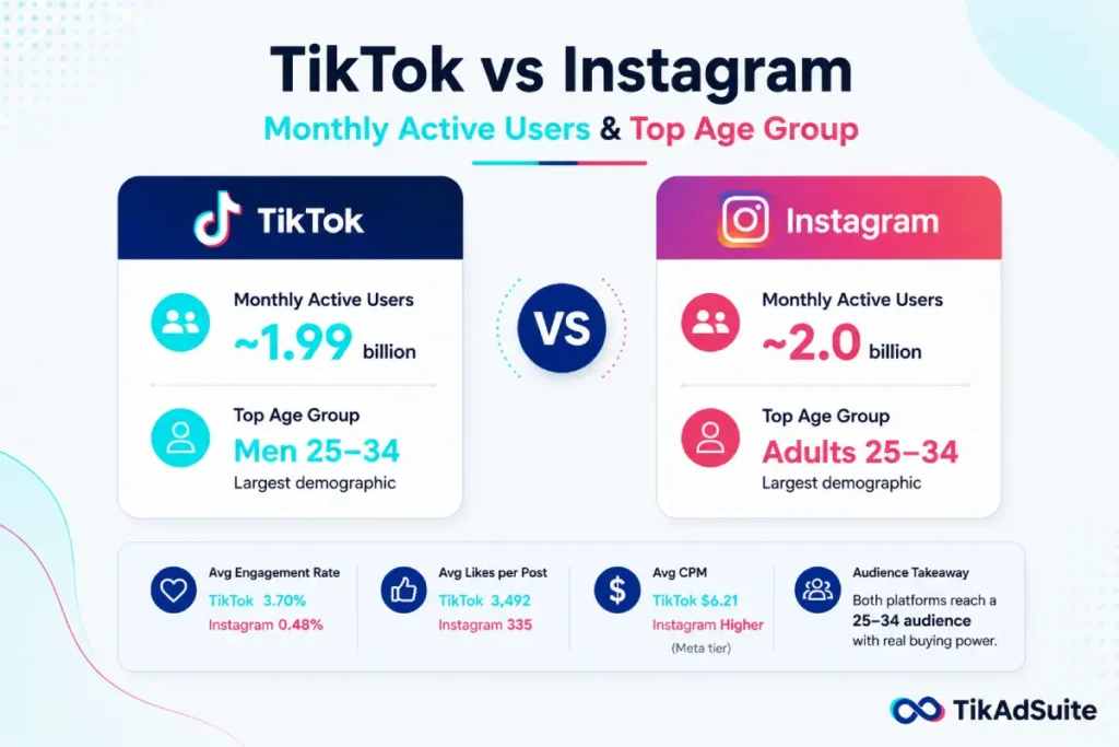 TikTok vs Instagram monthly active users and top age group side by side