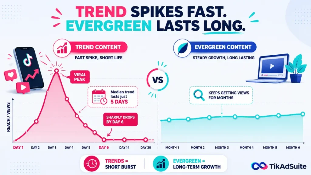 Trend content spikes fast while evergreen content drives steady growth