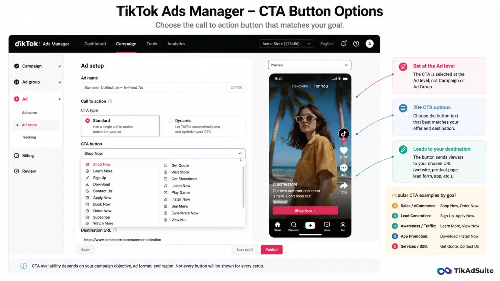 TikTok Ads Manager dropdown showing available CTA button options