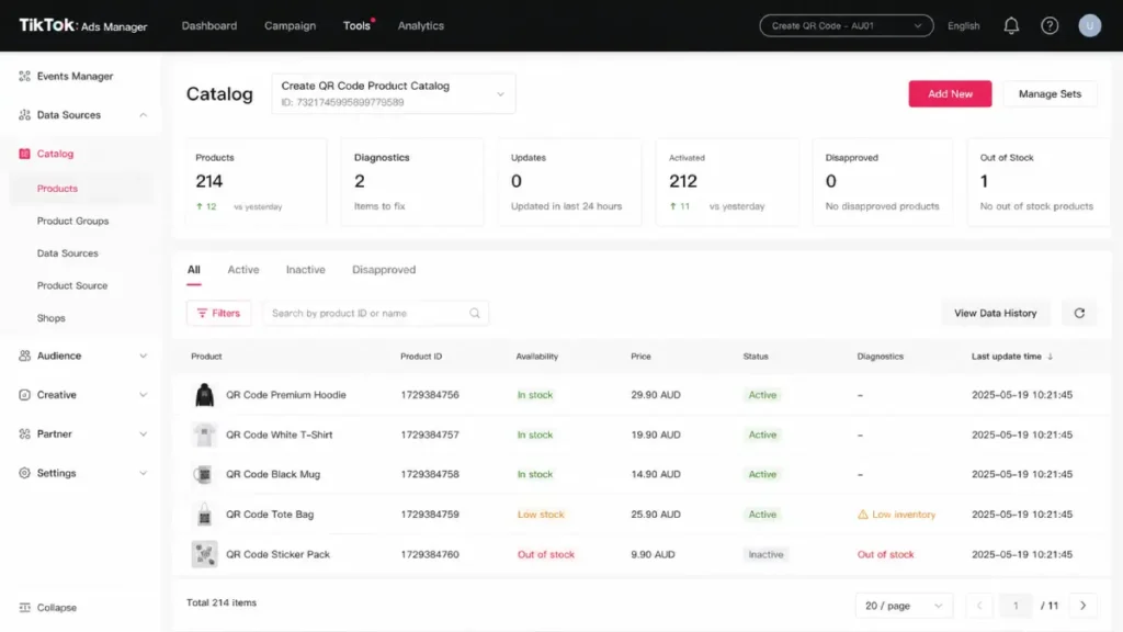 TikTok Ads Manager Catalog dashboard