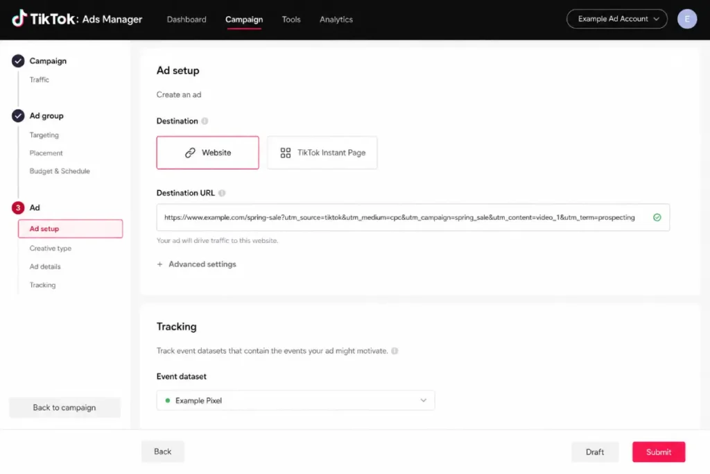 TikTok Ads Manager destination URL field showing a UTM string entered at the ad level