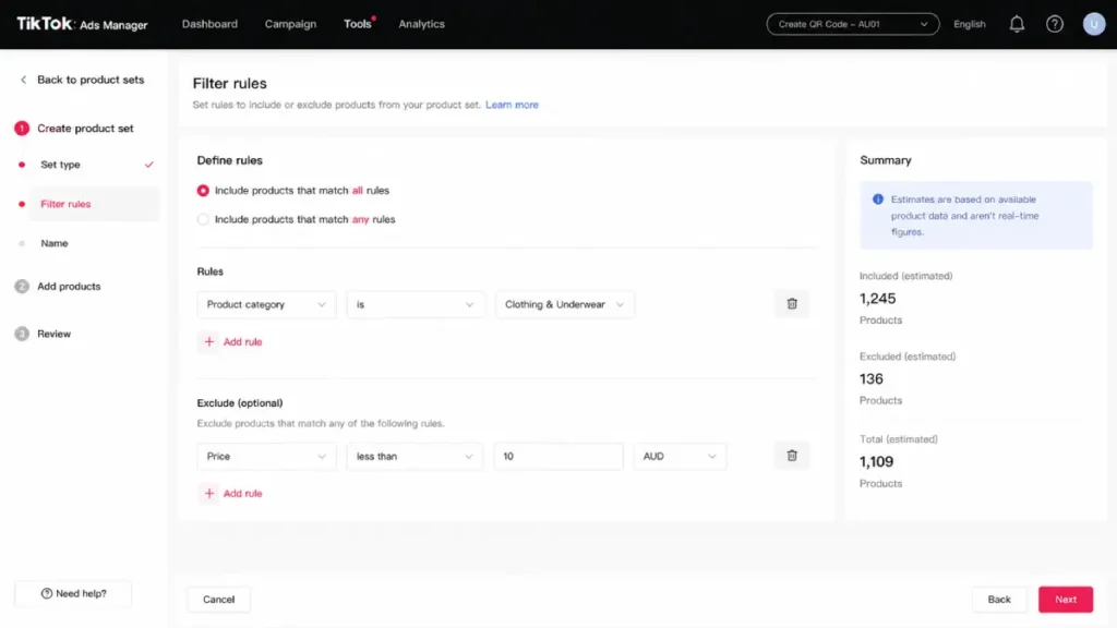 TikTok Ads Manager product set filter rules panel